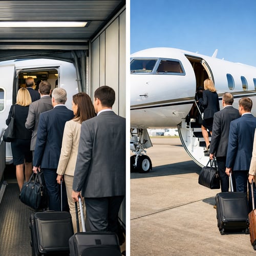 Business Executives Boarding Flight Split Screen